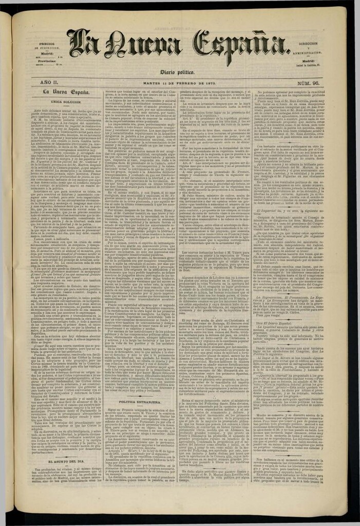 Miniatura de Diario Político La Nueva España del 11 de febrero de 1873