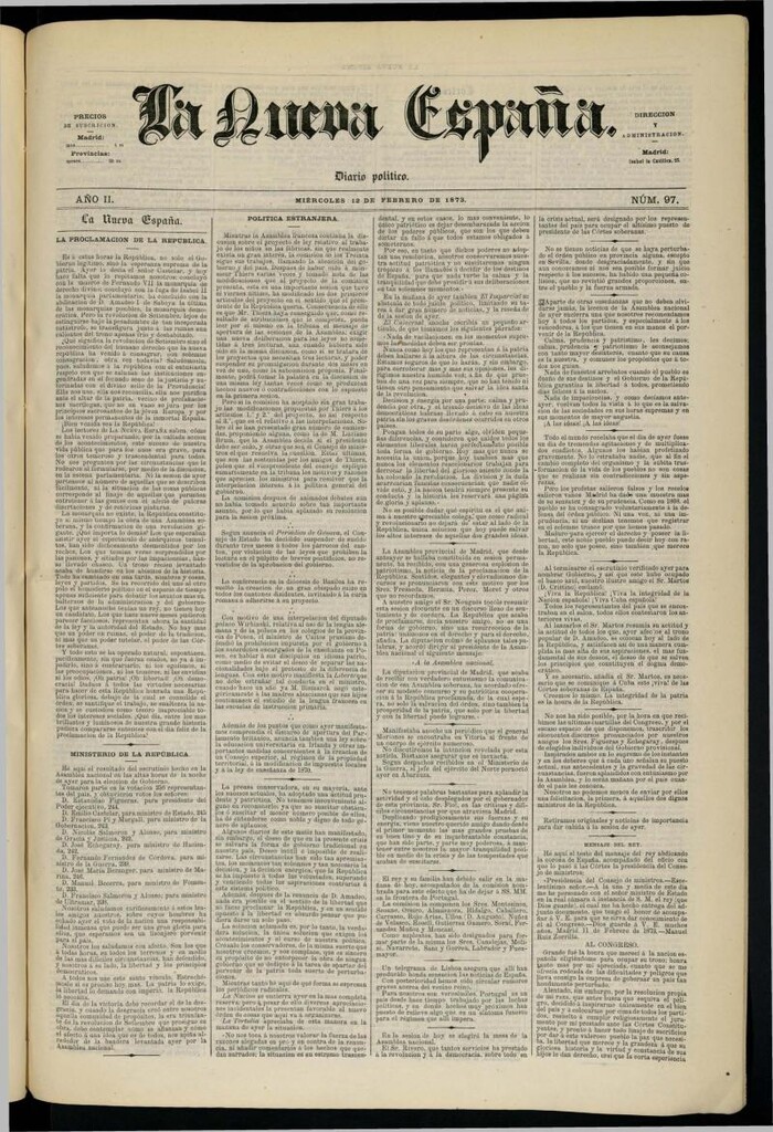 Miniatura de Diario Político La Nueva España del 12 de febrero de 1873