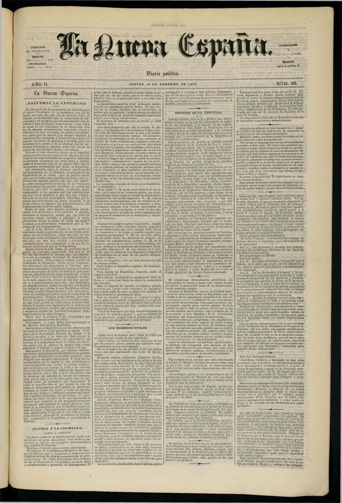 Miniatura de Diario Político La Nueva España del 13 de febrero de 1873