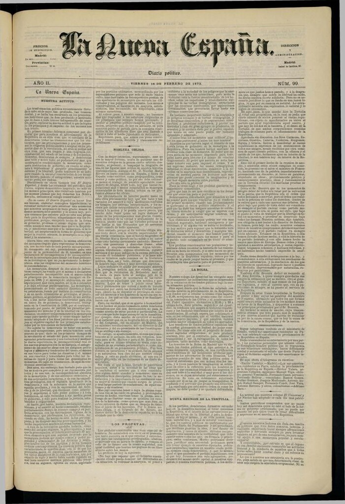 Miniatura de Diario Político La Nueva España del 14 de febrero de 1873