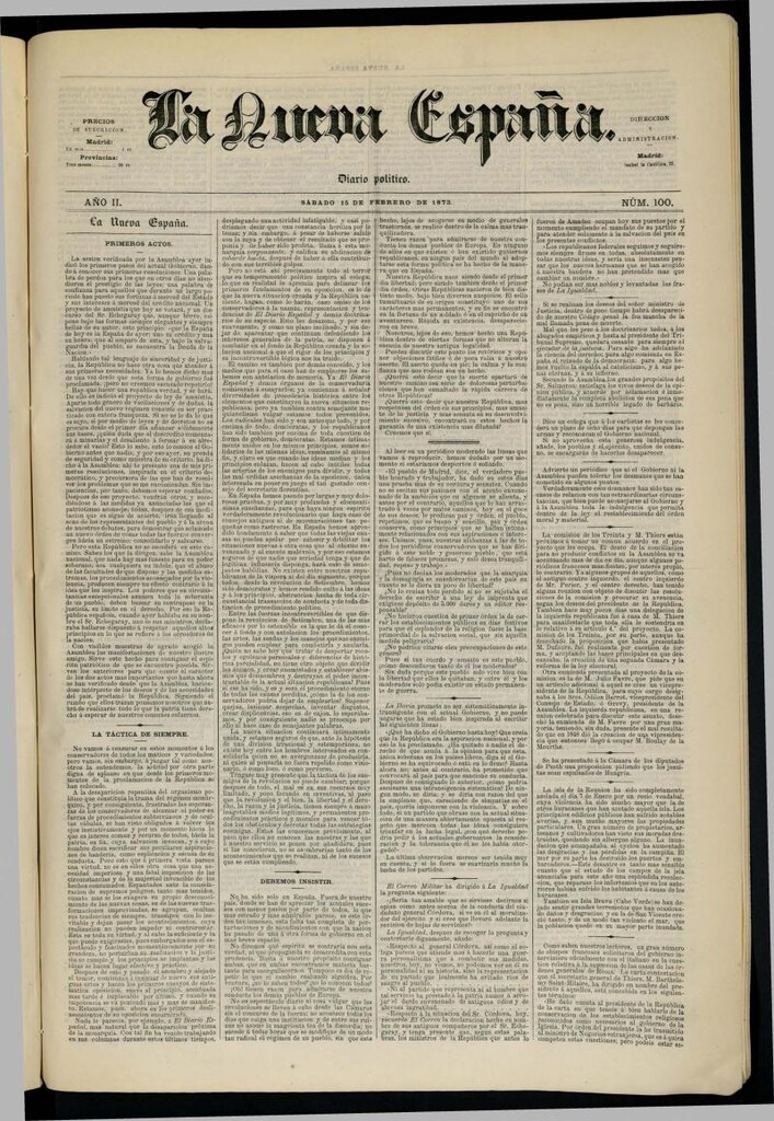 Miniatura de Diario Político La Nueva España del 15 de febrero de 1873