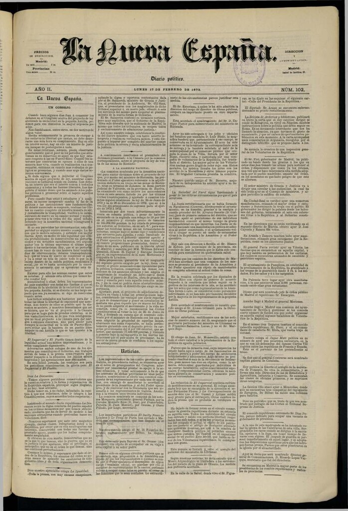 Miniatura de Diario Político La Nueva España del 17 de febrero de 1873