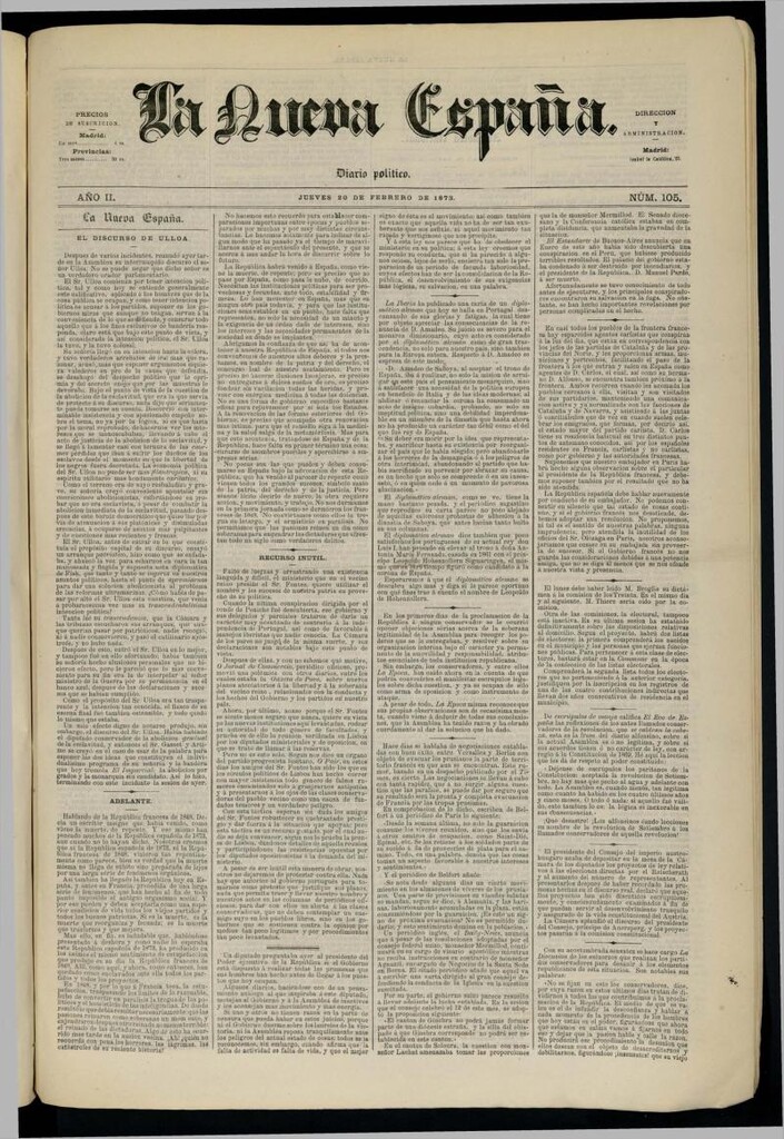 Miniatura de Diario Político La Nueva España del 20 de febrero de 1873