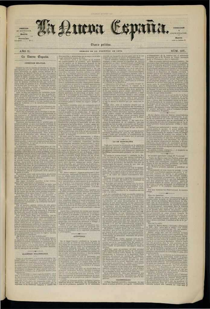 Miniatura de Diario Político La Nueva España del 22 de febrero de 1873