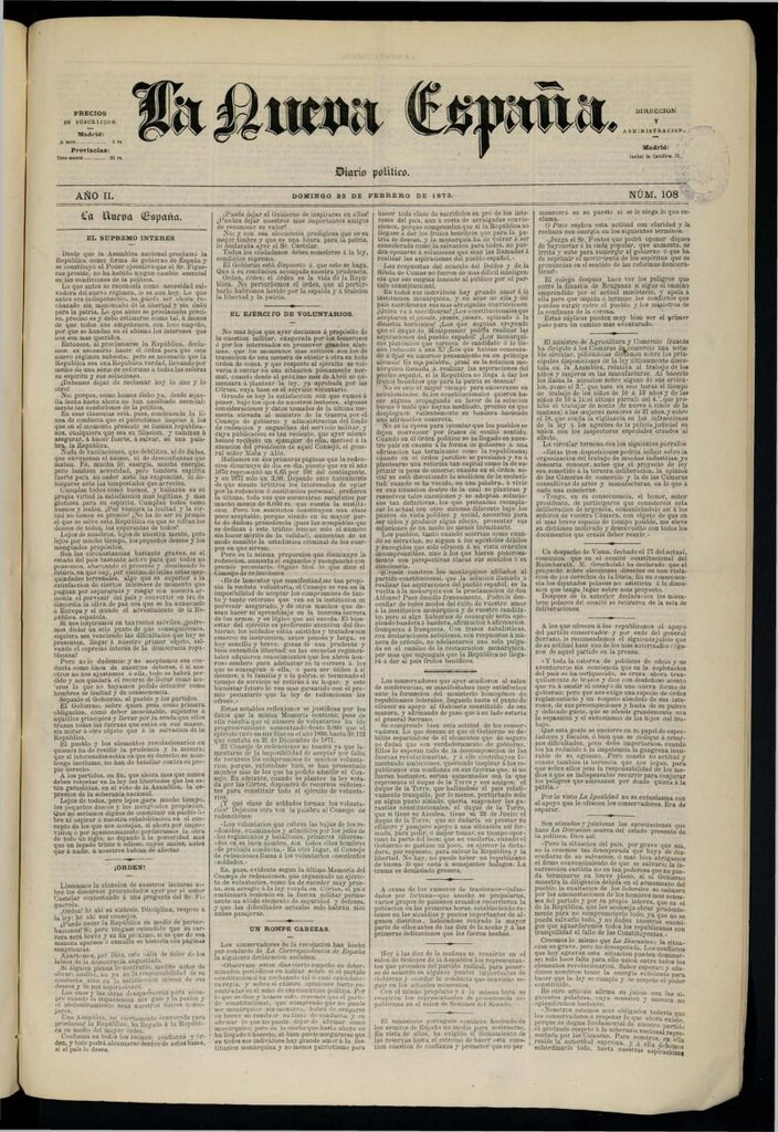 Miniatura de Diario Político La Nueva España del 23 de febrero de 1873