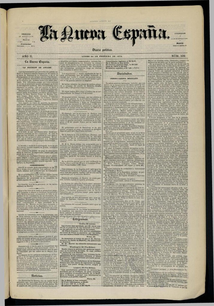 Miniatura de Diario Político La Nueva España del 24 de febrero de 1873
