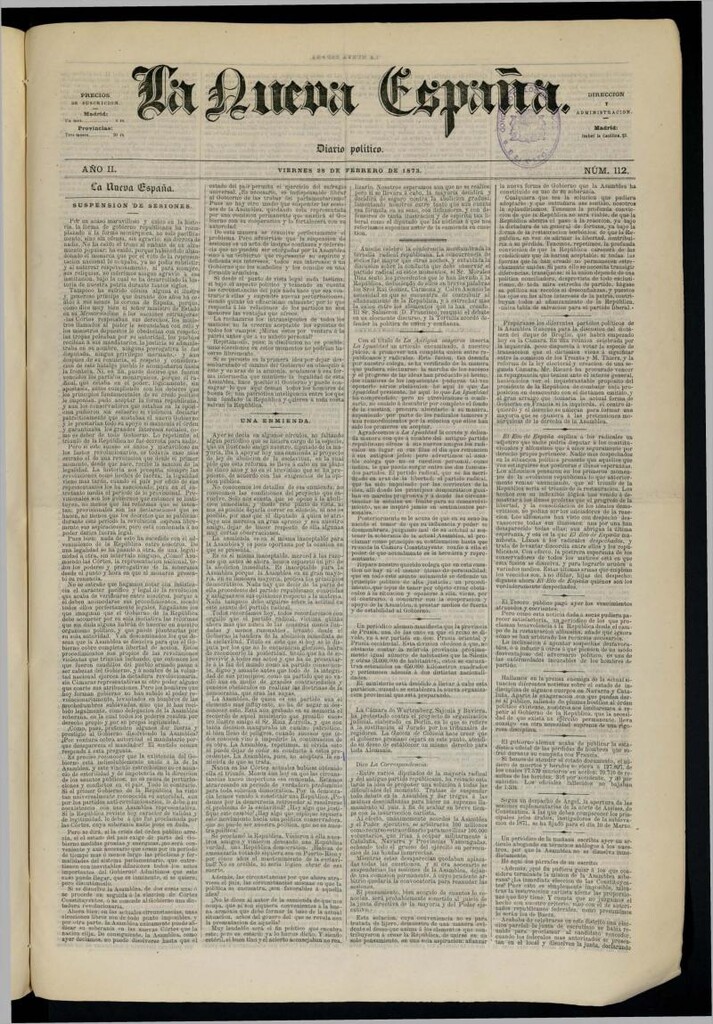 Miniatura de Diario Político La Nueva España del 28 de febrero de 1873