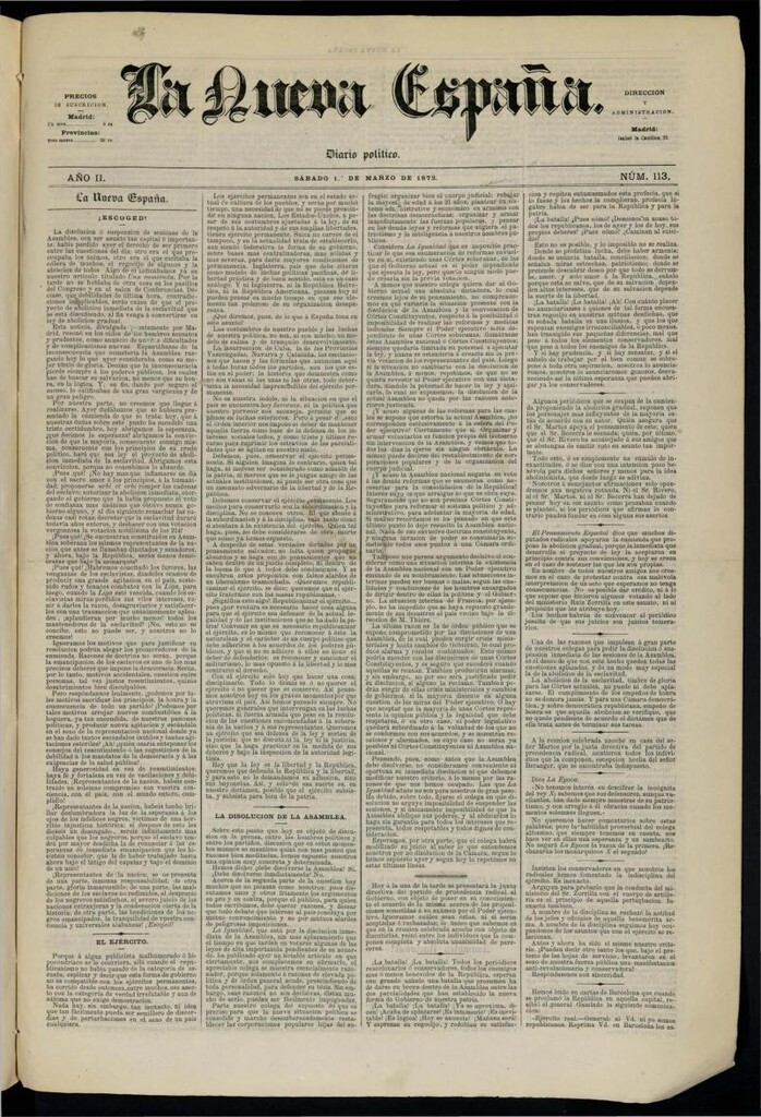 Miniatura de Diario Político La Nueva España del 1 de marzo de 1873