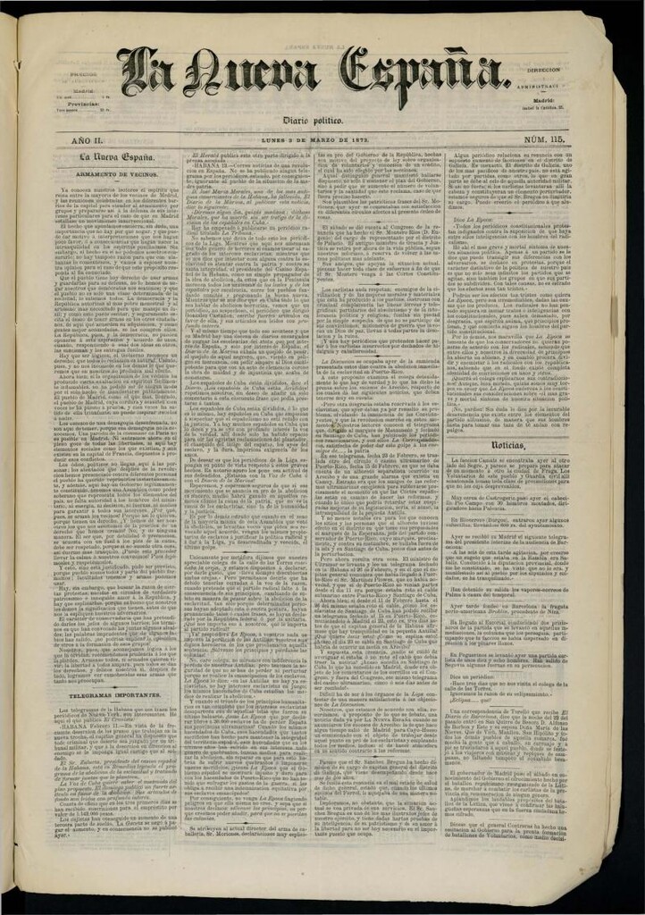 Miniatura de Diario Político La Nueva España del 3 de marzo de 1873