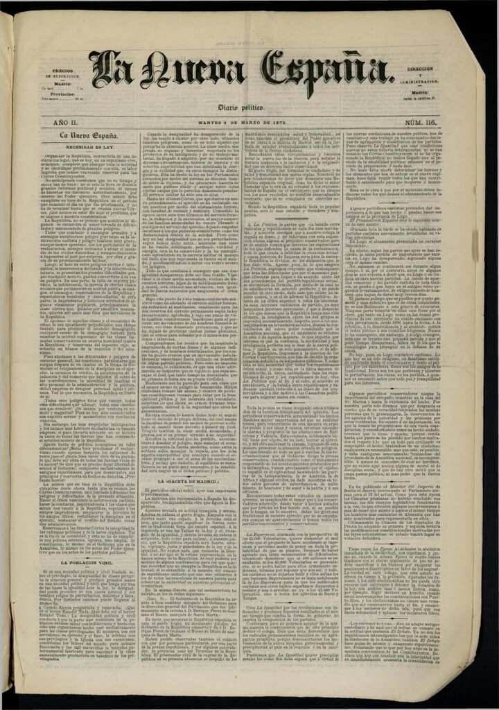 Miniatura de Diario Político La Nueva España del 4 de marzo de 1873