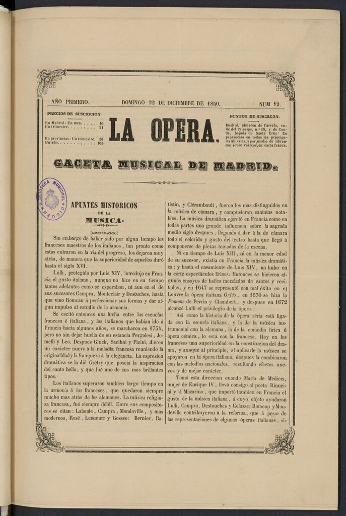 Miniatura de La Ópera: gaceta musical de Madrid del 22 de diciembre de 1850
