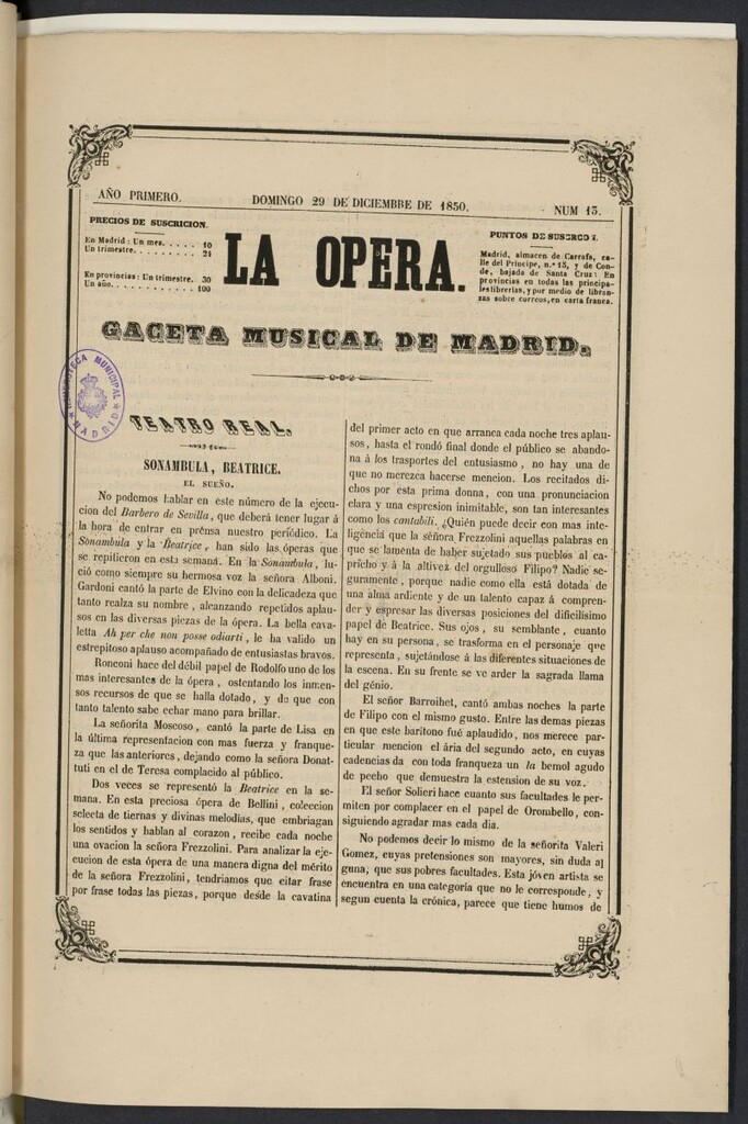 Miniatura de La Ópera: gaceta musical de Madrid del 29 de diciembre de 1850