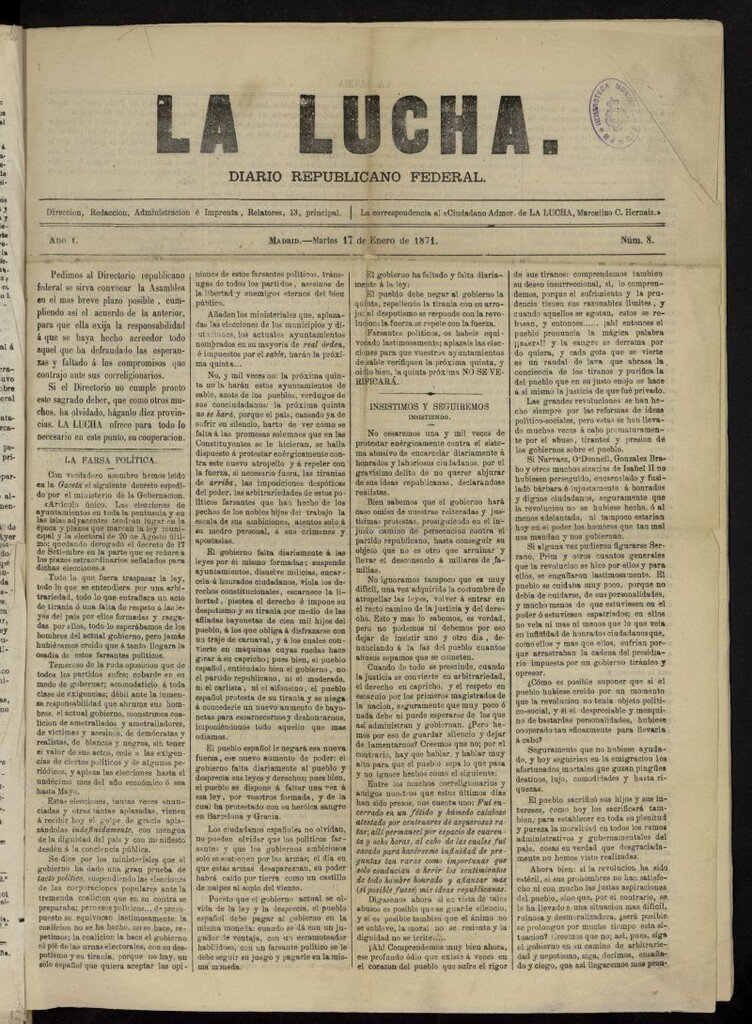 Miniatura de La Lucha: diario republicano federal del 17 de enero de 1871
