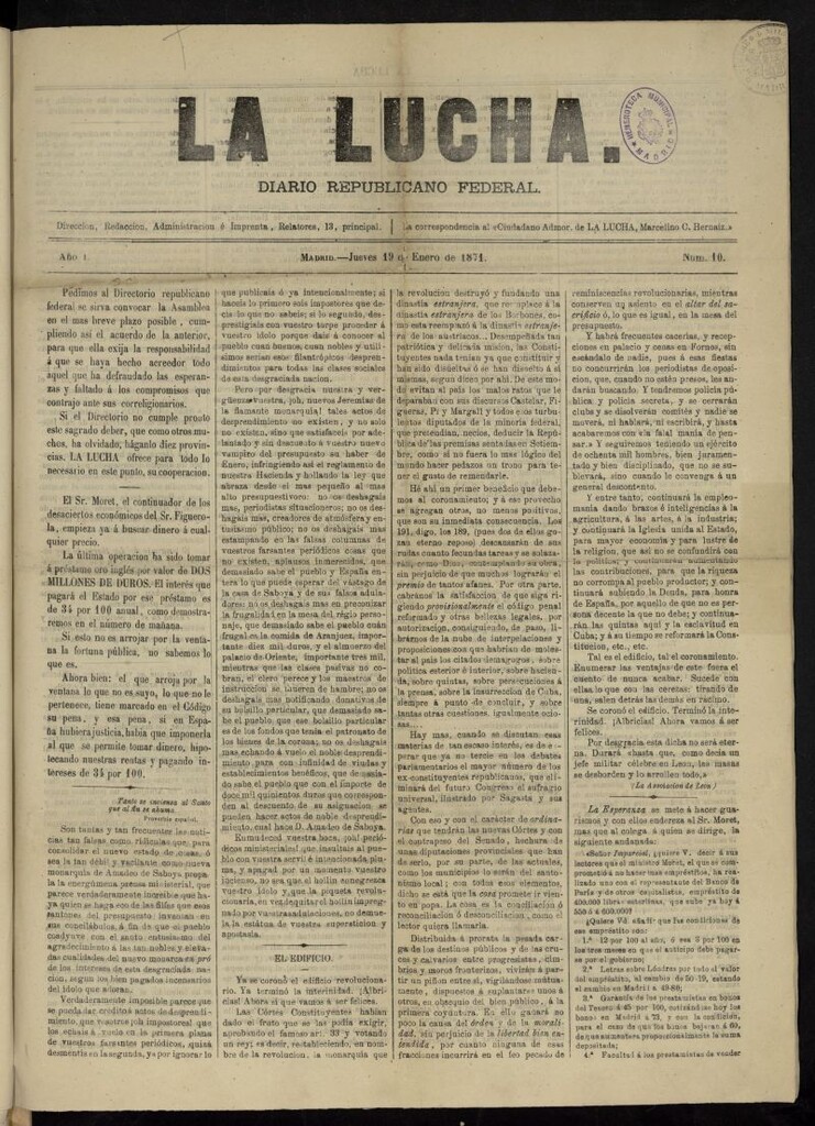 Miniatura de La Lucha: diario republicano federal del 19 de enero de 1871