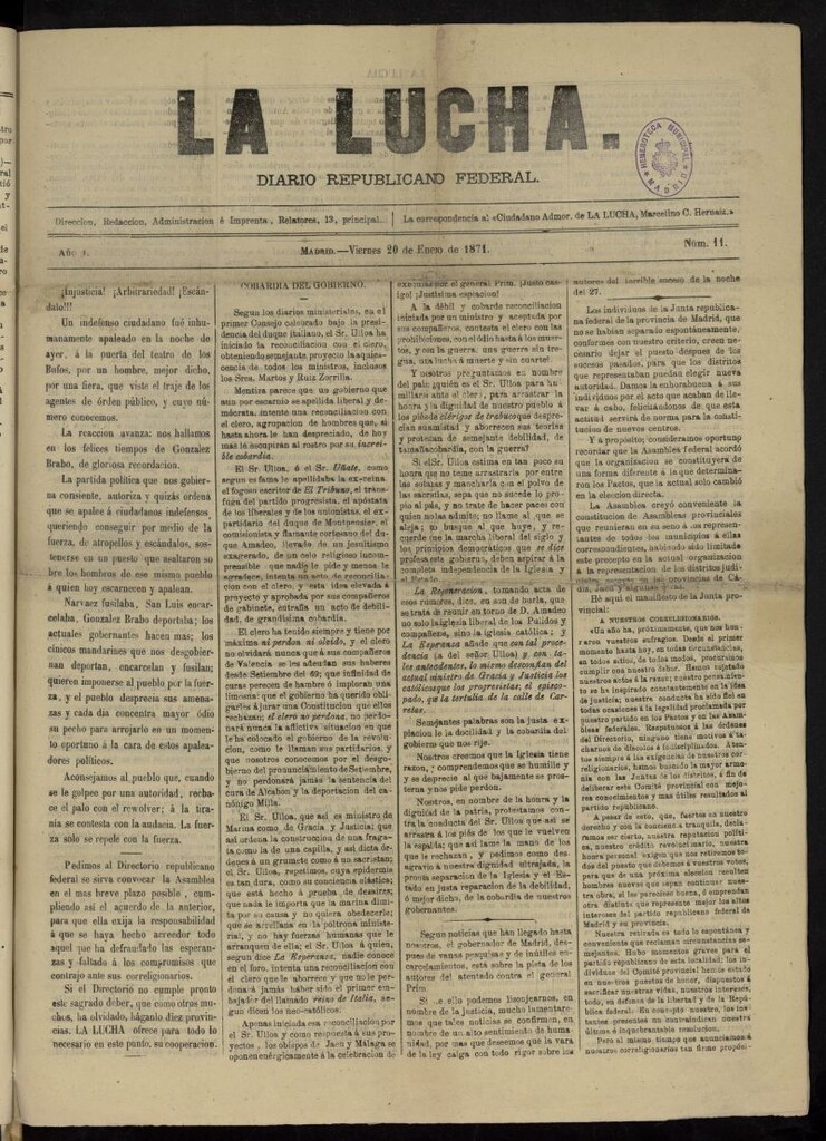 Miniatura de La Lucha: diario republicano federal del 20 de enero de 1871