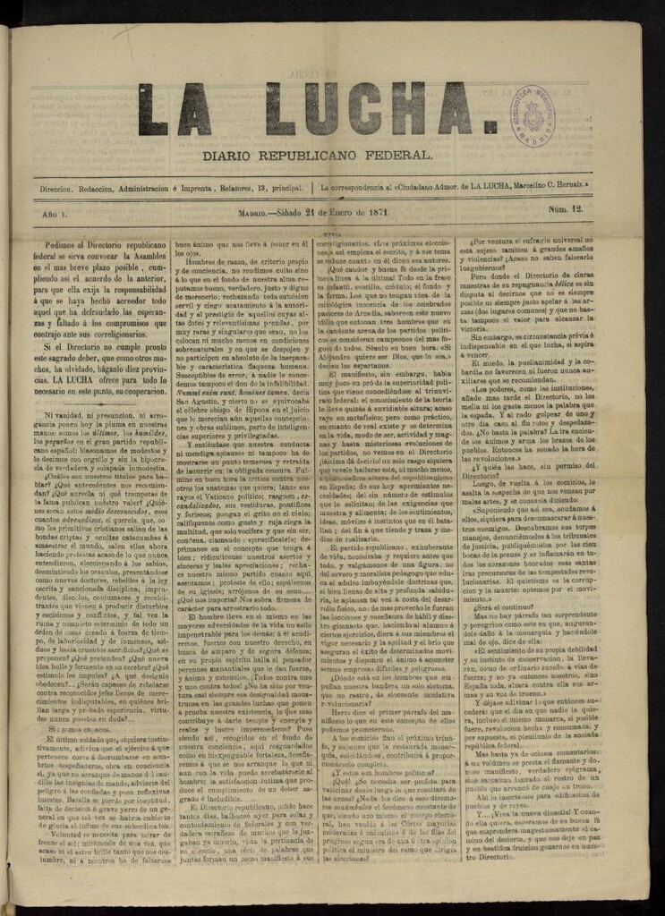 Miniatura de La Lucha: diario republicano federal del 21 de enero de 1871