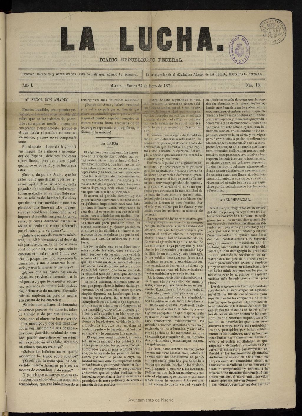 Miniatura de La Lucha: diario republicano federal del 24 de enero de 1871