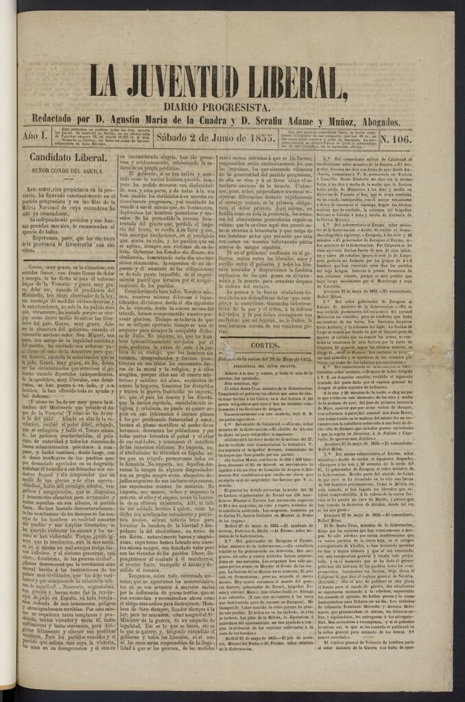 Miniatura de La Juventud Liberal: diario progresista del 2 de junio 1855