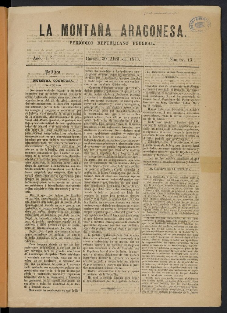 Miniatura de La Montaña aragonesa: periódico republicano federal del 30 de abril de 1873