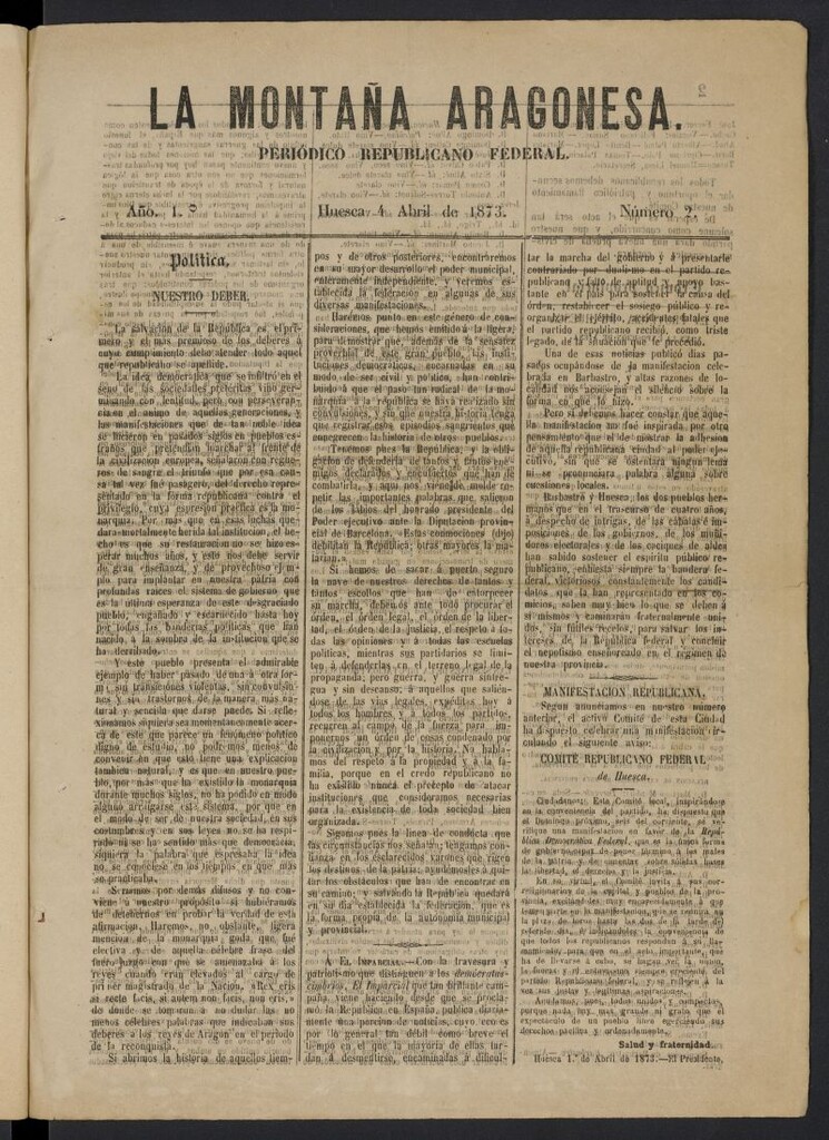 Miniatura de La Montaña aragonesa: periódico republicano federal del 4 de abril de 1873
