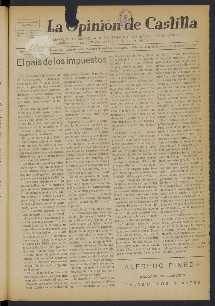 Miniatura de La Opinión de Castilla del 17 de octubre de 1930