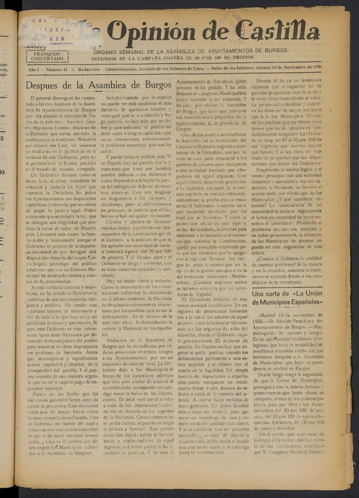 Miniatura de La Opinión de Castilla del 14 de noviembre de 1930