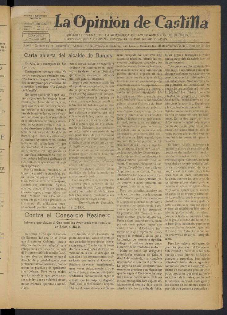 Miniatura de La Opinión de Castilla del 26 de diciembre de 1930
