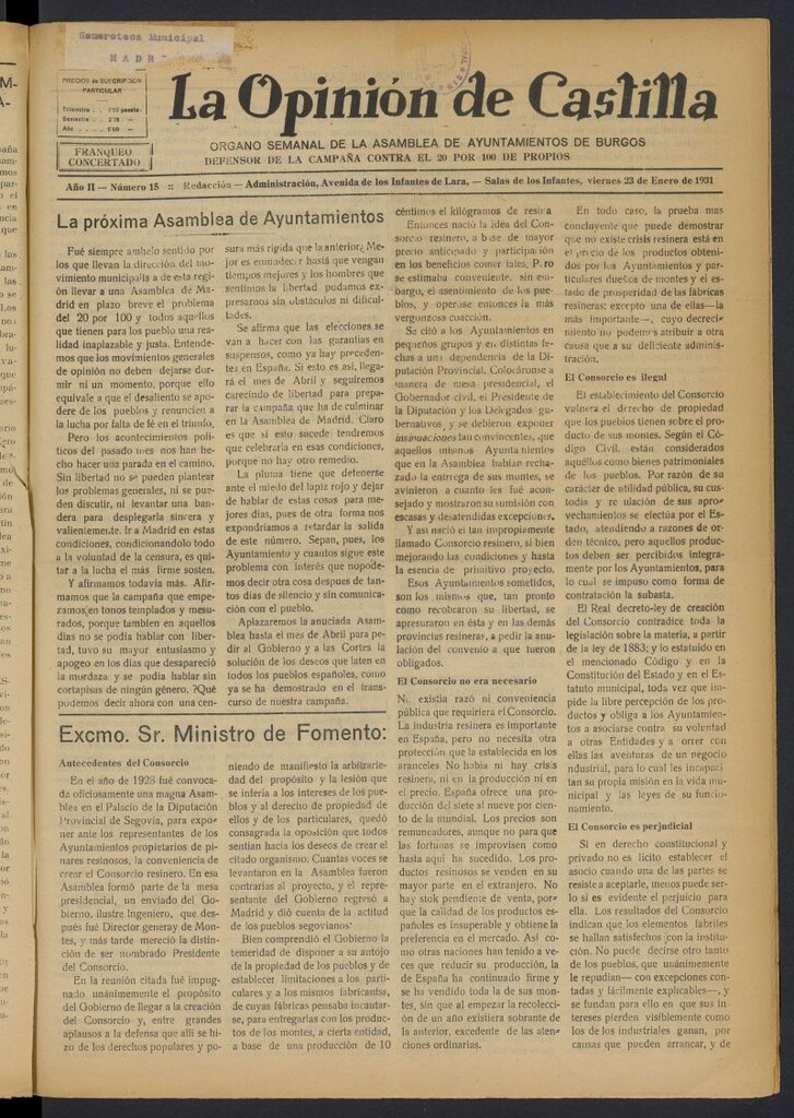 Miniatura de La Opinión de Castilla del 23 de enero de 1931