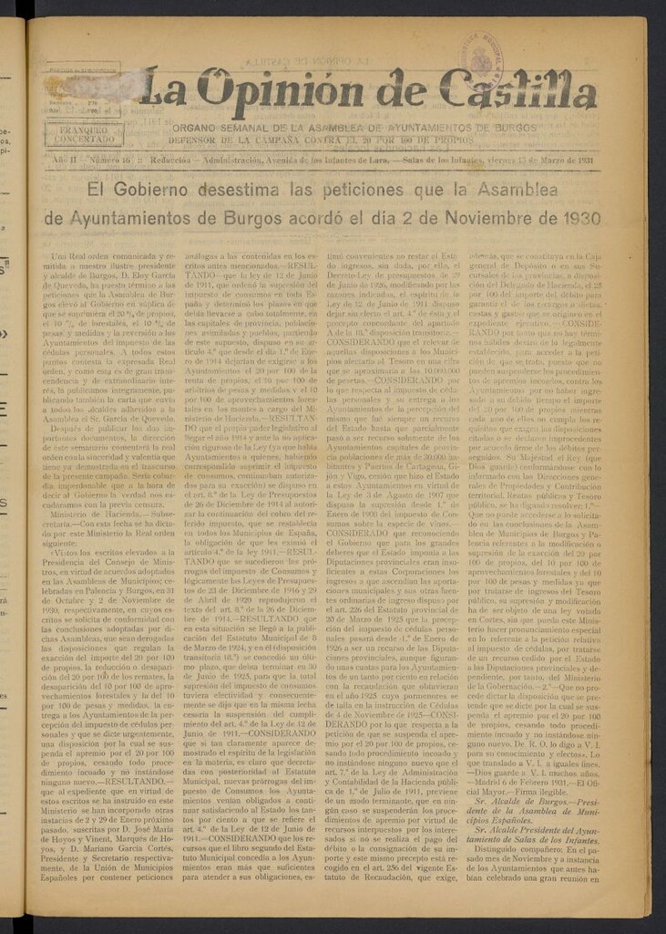 Miniatura de La Opinión de Castilla del 13 de marzo de 1931