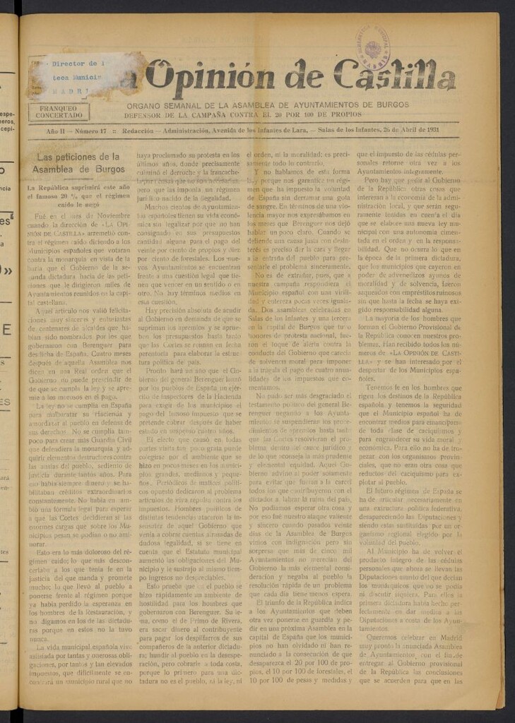 Miniatura de La Opinión de Castilla del 25 de abril de 1931