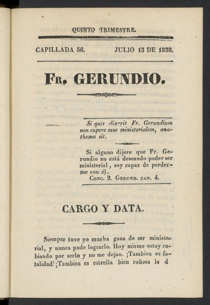 Miniatura de Fr. Gerundio: periódico satírico de política y costumbres del 13 de julio de 1838, capillada 56
