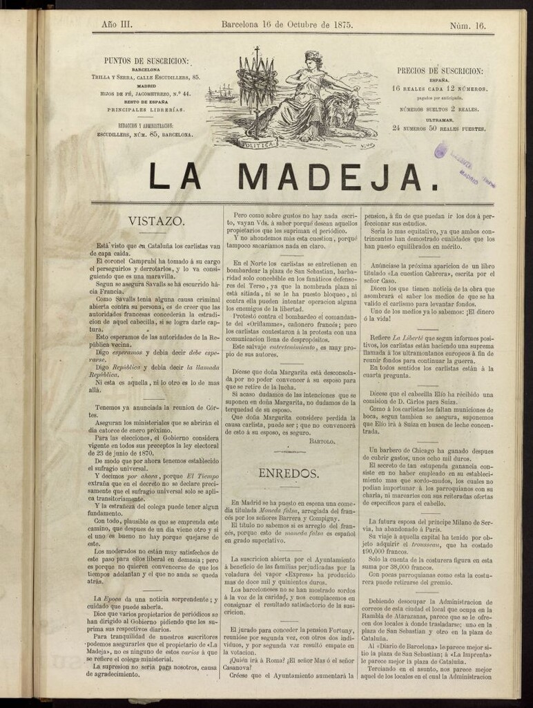 Miniatura de La Madeja del 16 de octubre de 1875