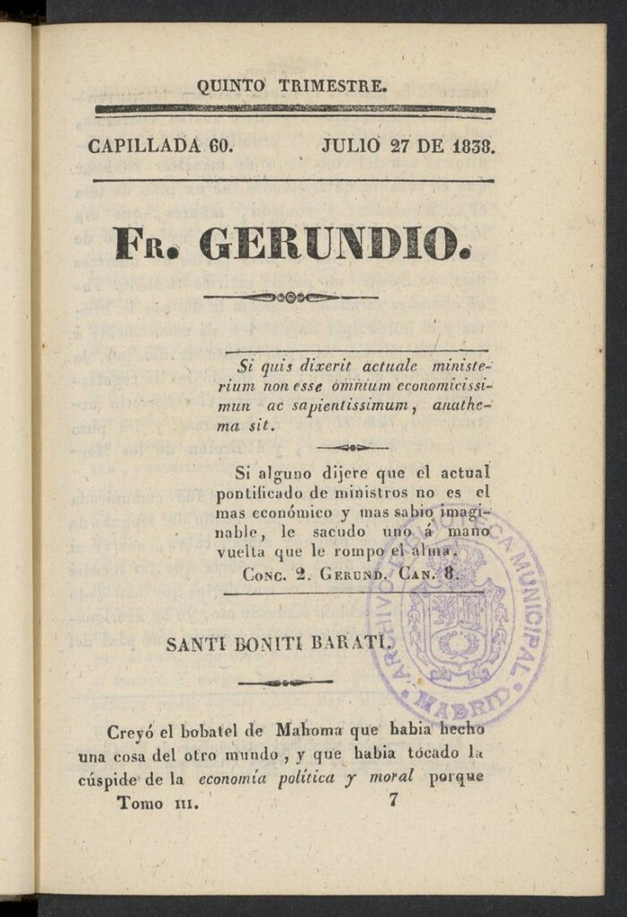 Miniatura de Fr. Gerundio: periódico satírico de política y costumbres del 27 de julio de 1838, capillada 60
