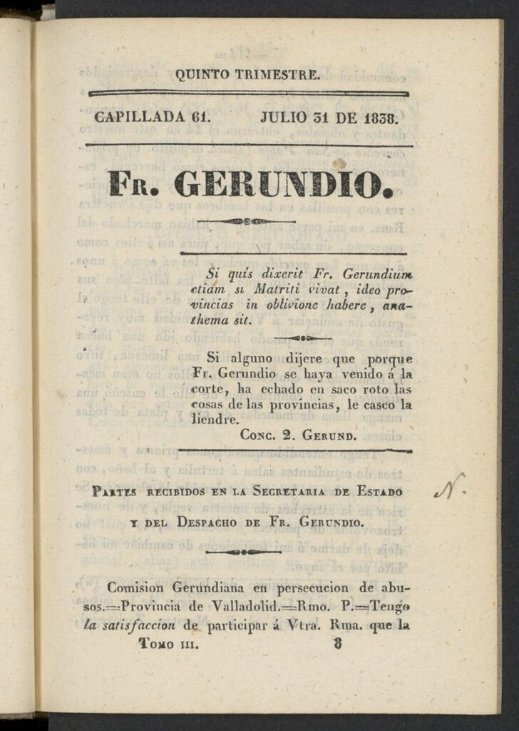 Miniatura de Fr. Gerundio: periódico satírico de política y costumbres del 31 de julio de 1838, capillada 61