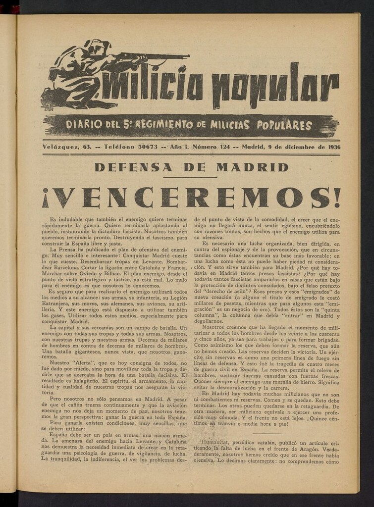 Miniatura de Milicia Popular: diario del 5º Regimiento de Milicias Populares del 9 de diciembre de 1936