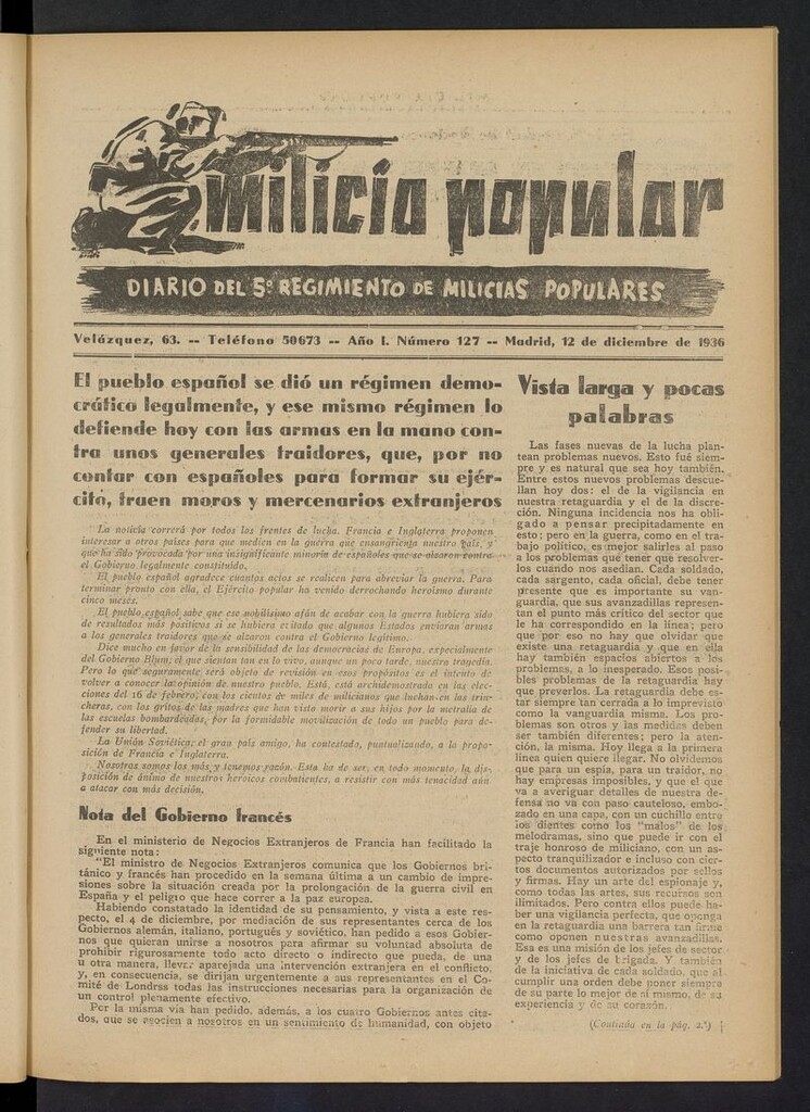 Miniatura de Milicia Popular: diario del 5º Regimiento de Milicias Populares del 12 de diciembre de 1936