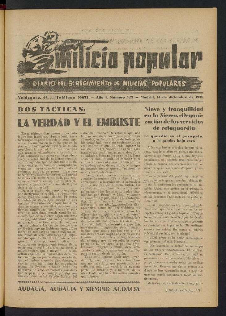 Miniatura de Milicia Popular: diario del 5º Regimiento de Milicias Populares del 14 de diciembre de 1936