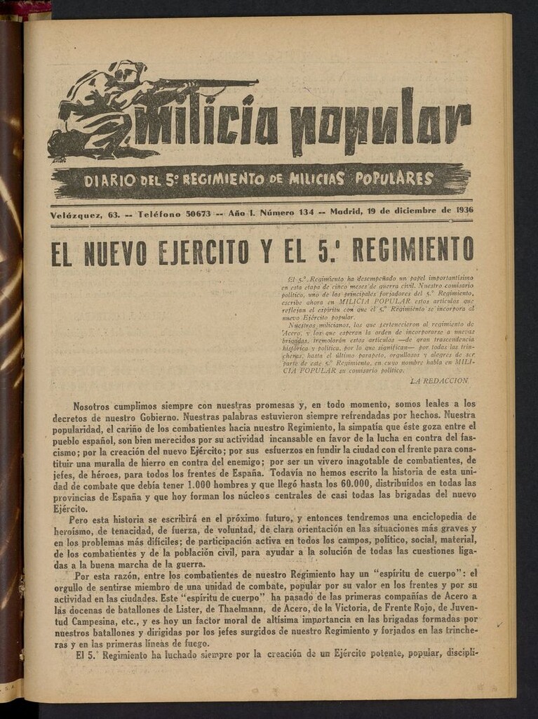 Miniatura de Milicia Popular: diario del 5º Regimiento de Milicias Populares del 19 de diciembre de 1936