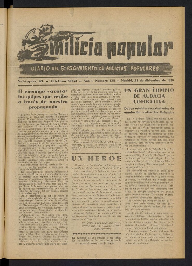Miniatura de Milicia Popular: diario del 5º Regimiento de Milicias Populares del 23 de diciembre de 1936