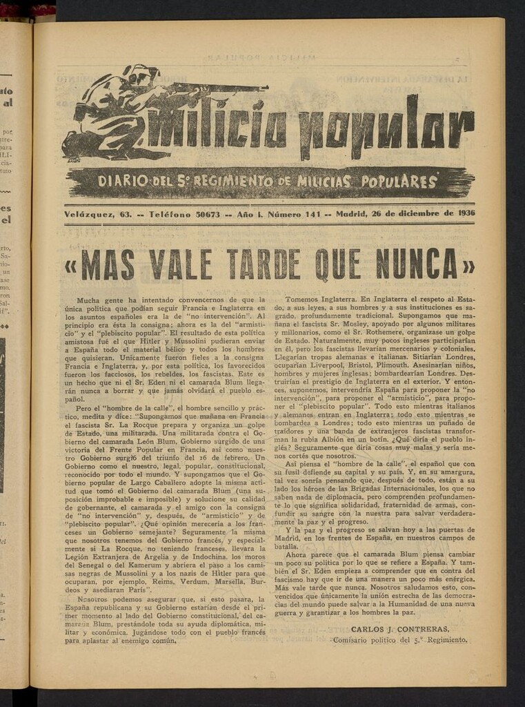 Miniatura de Milicia Popular: diario del 5º Regimiento de Milicias Populares del 26 de diciembre de 1936