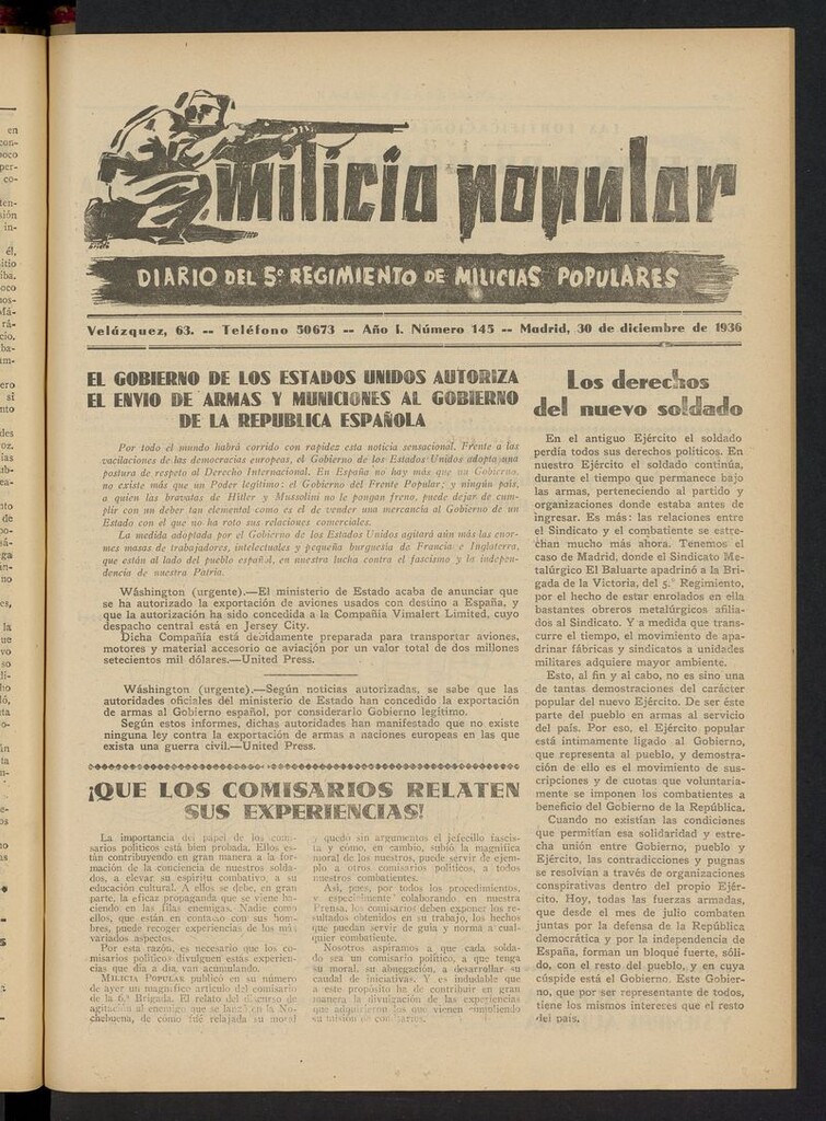 Miniatura de Milicia Popular: diario del 5º Regimiento de Milicias Populares del 30 de diciembre de 1936