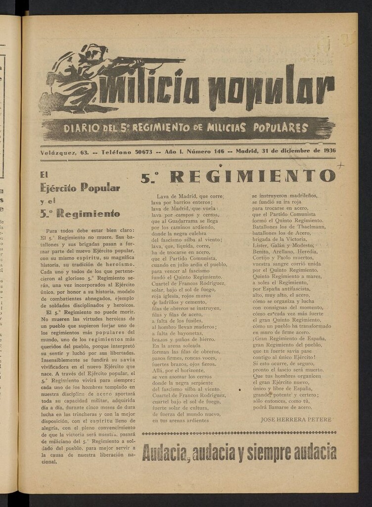 Miniatura de Milicia Popular: diario del 5º Regimiento de Milicias Populares del 31 de diciembre de 1936