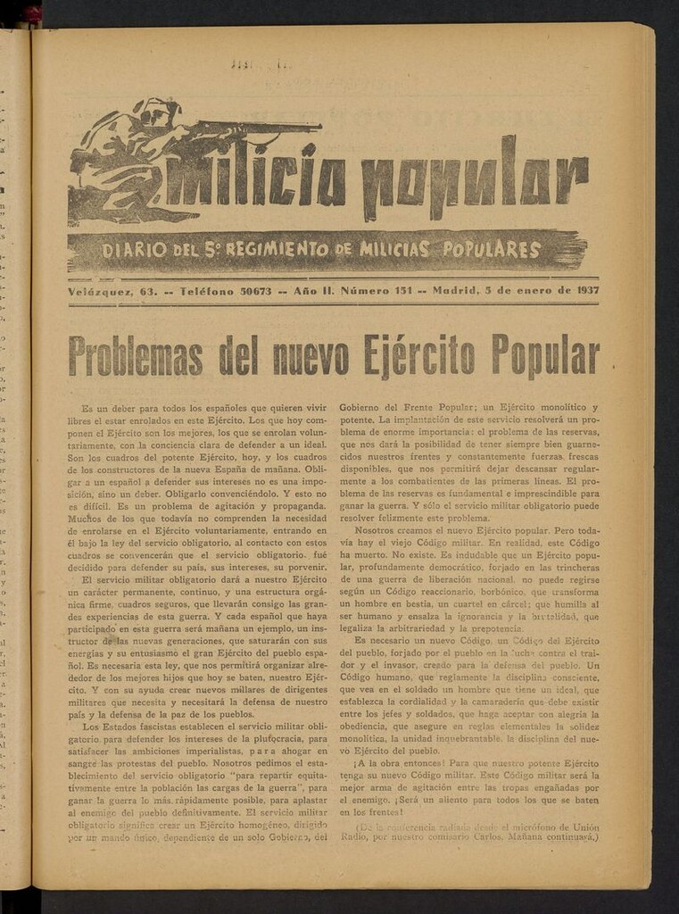 Miniatura de Milicia Popular: diario del 5º Regimiento de Milicias Populares del 5 de enero de 1937