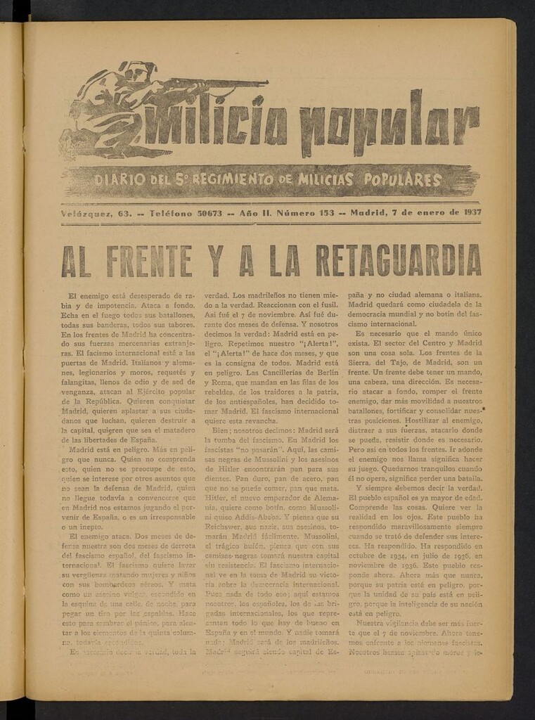Miniatura de Milicia Popular: diario del 5º Regimiento de Milicias Populares del 7 de enero de 1937
