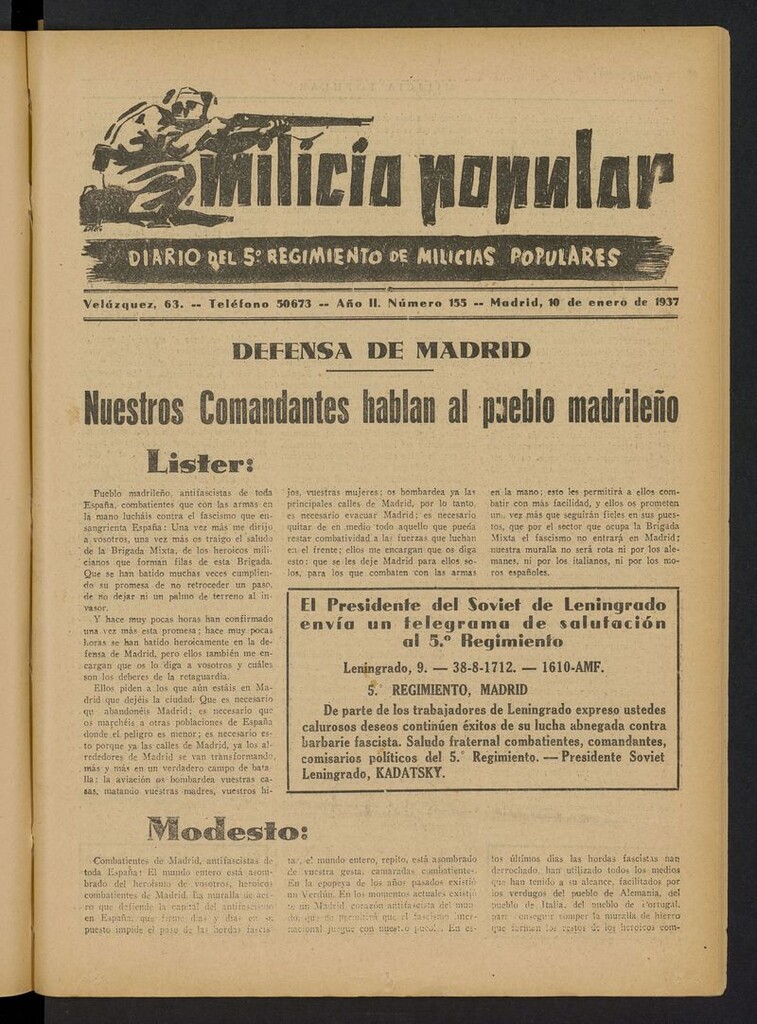 Miniatura de Milicia Popular: diario del 5º Regimiento de Milicias Populares del 10 de enero de 1937