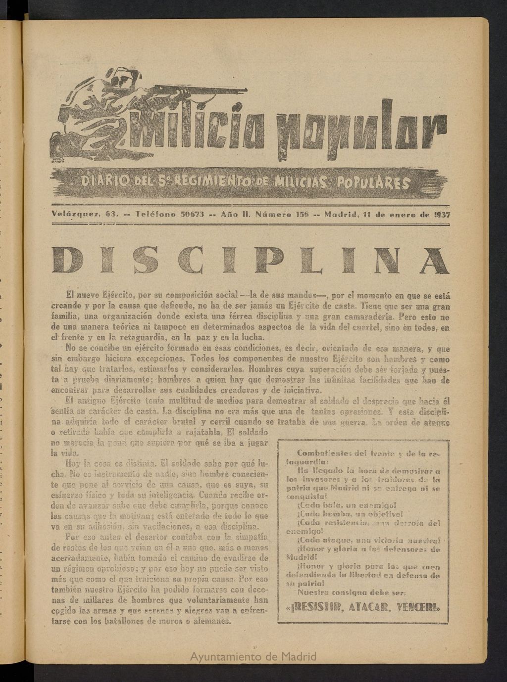 Miniatura de Milicia Popular: diario del 5º Regimiento de Milicias Populares del 11 de enero de 1937