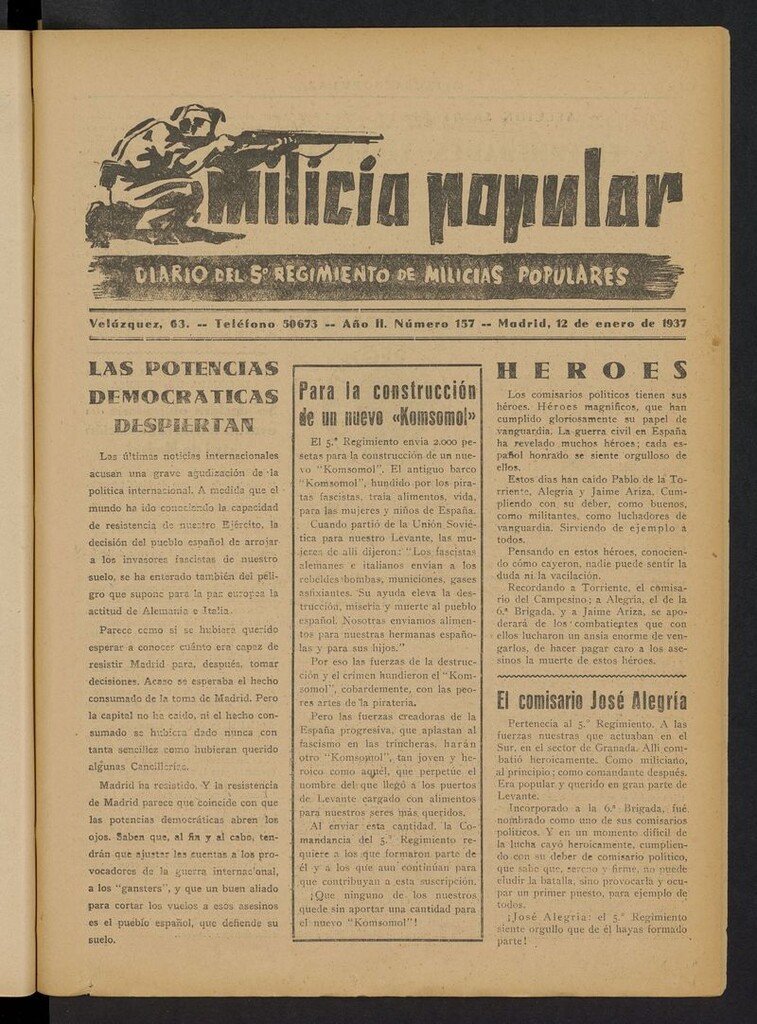 Miniatura de Milicia Popular: diario del 5º Regimiento de Milicias Populares del 12 de enero de 1937