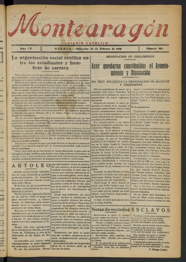 Miniatura de Montearagón: diario católico del 26 de febrero de 1930