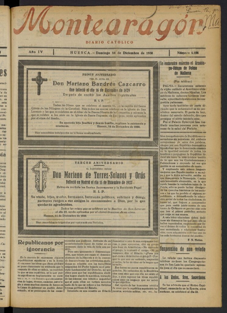 Miniatura de Montearagón: diario católico del 14 de diciembre de 1930