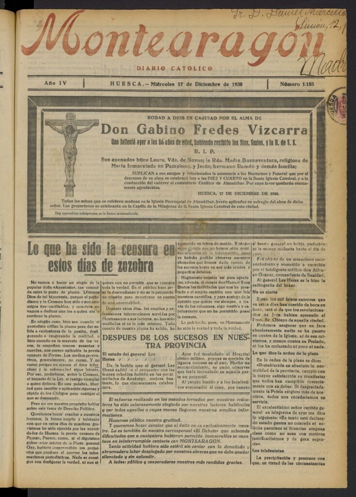 Miniatura de Montearagón: diario católico del 17 de diciembre de 1930